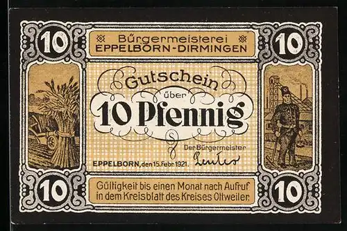 Notgeld Eppelborn-Dirmingen 1921, 10 Pfennig, Kaisereiche mit Bürgern