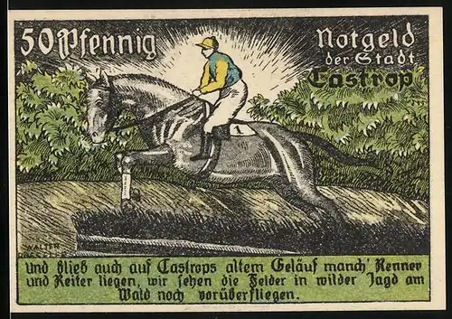 Notgeld Castrop 1921, 50 Pfennig, Springreiter, Wappen