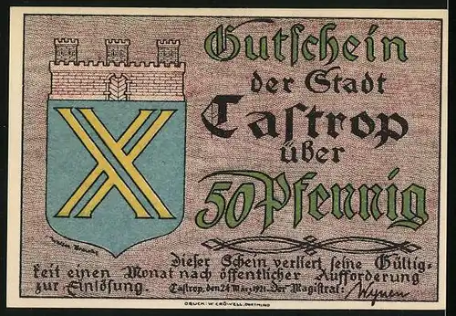 Notgeld Castrop 1921, 50 Pfennig, Springreiter, Wappen