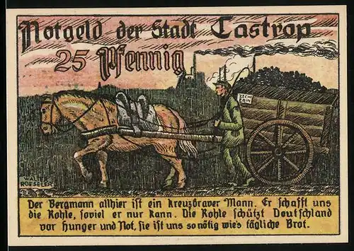 Notgeld Castrop 1921, 25 Pfennig, Bergmann mit Pferd und Kohlenkarren