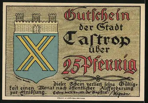 Notgeld Castrop 1921, 25 Pfennig, Bergmann mit Pferd und Kohlenkarren