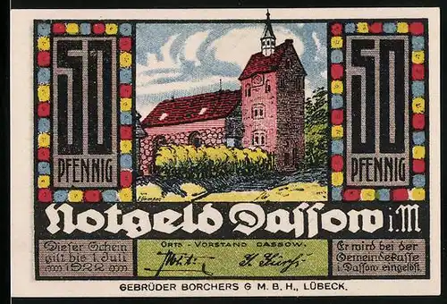 Notgeld Dassow i. M. 1922, 50 Pfennig, Wappen u. Kirche