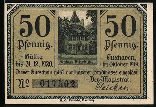 Notgeld Cuxhaven 1919, 50 Pfennig, Schloss Ritzebüttel, Alte Liebe