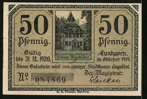 Notgeld Cuxhaven 1919, 50 Pfennig, Schloss u. Hafen