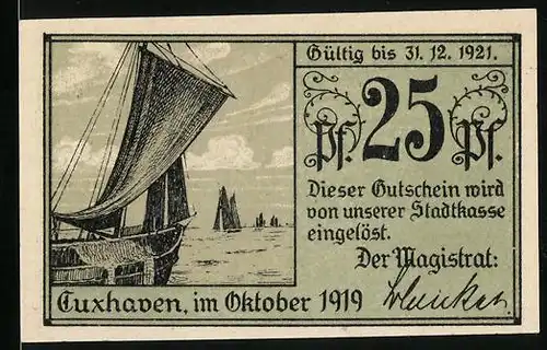 Notgeld Cuxhaven 1919, 50 Pfennig, Schiff auf See
