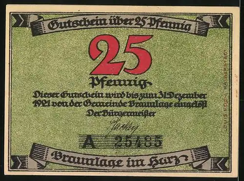 Notgeld Braunlage i. Harz 1921, 25 Pfennig, Wurmberg und Wald