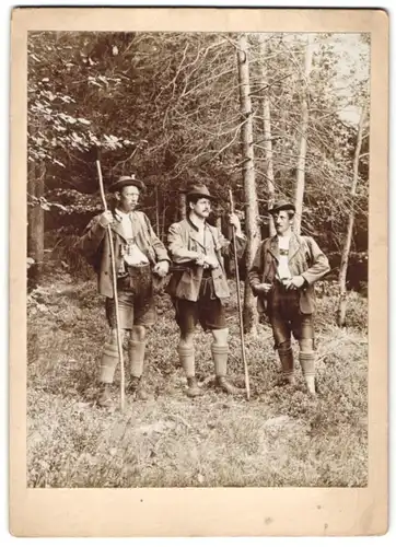Fotografie unbekannter Fotograf und Ort, drei Jäger mit Flinte und Fernglas am Waldesrand, Wanderstock, 1908