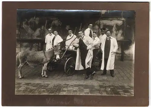 2 Fotografien unbekannter Fotograf und Ort, Tierärzte / Veterinäre mit Esel und Pferd samt Veterinär Rolli, 1917