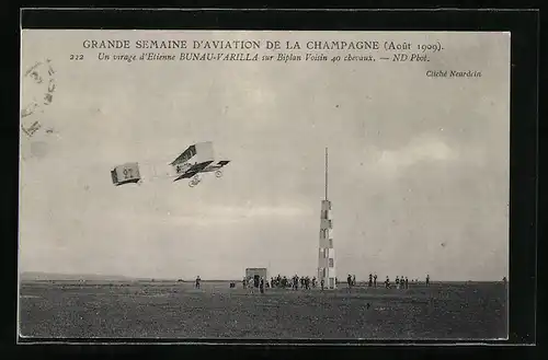 AK Grande Semaine d`Aviation de la Champagne 1909, Un virage d`Etienne Bunau-Varilla sur Biplan Voisin