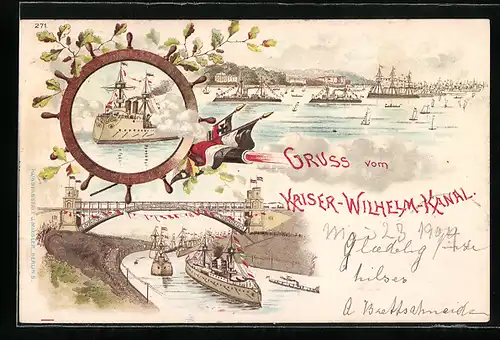 Lithographie Kriegsschiffe im Nord-Ost-See-Kanal