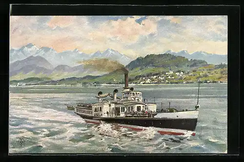 Künstler-AK Ammersee, Binnenschiff Gisela mit Blick auf Diessen