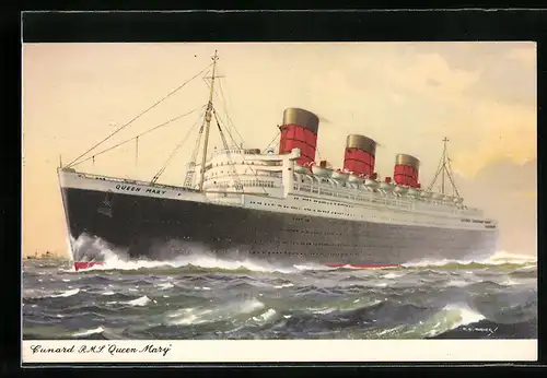 Künstler-AK Passagierschiff R.M.S. Queen May, das Dampfschiff mit drei Schornsteinen auf dem Meer