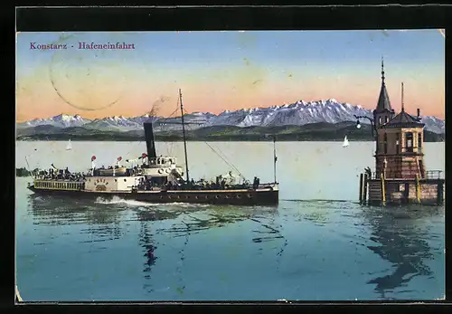 AK Konstanz, Hafeneinfahrt mit Dampfer Greif