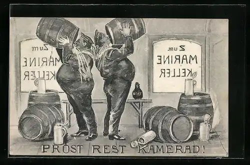 Künstler-AK Matrosen trinken aus Bierfässern