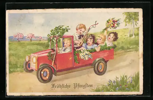 Künstler-AK Musizierende Kinder in einem blumengeschmückten Lastkraftwagen