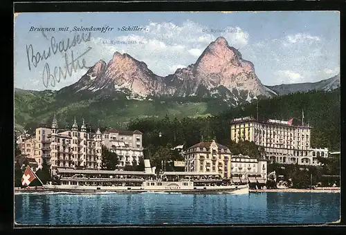 AK Brunnen, Ortsansicht mit Salondampfer Schiller