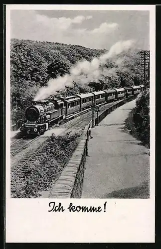 AK Dampflokomotive mit Passagierwaggons in voller Fahrt