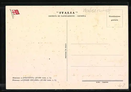 Künstler-AK Passagierschiff Augustus auf hoher See, Società di Navigazione Genova