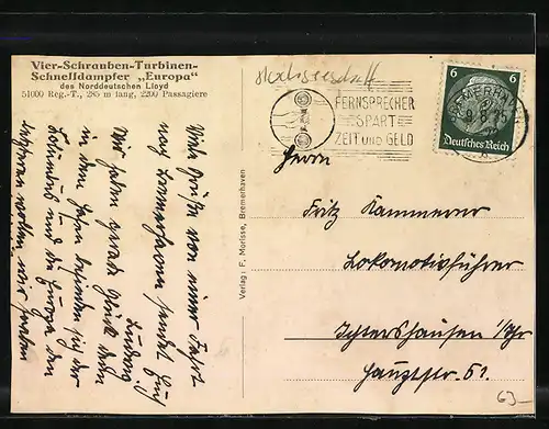 AK Riesendampfer Europa des Norddeutschen Lloyd