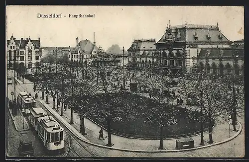 AK Düsseldorf, Hauptbahnhof mit Strassenbahnen