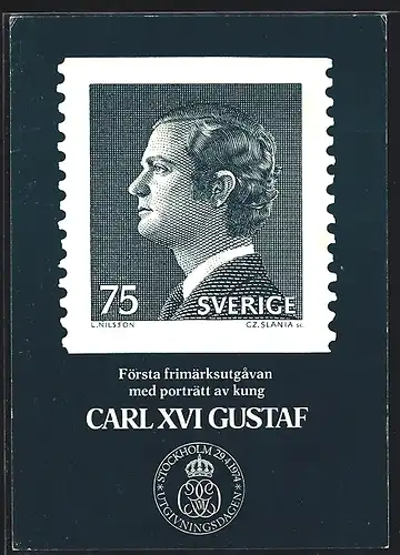 AK Första frimärksutgavan med porträtt av kung Carl XVI Gustaf