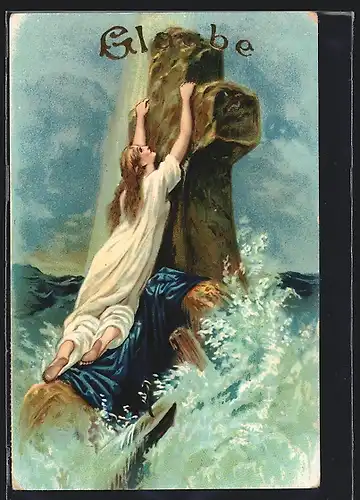 AK Allegorie La Foi, Frau an einem Kreuz im Meer