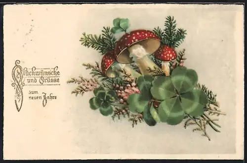 AK Fliegenpilze und vierblättrige Kleeblätter, Neujahrskarte
