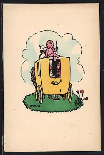 Künstler-AK Kleiner Engel Amor sitzt auf einer Postkutsche mit einem Paar darin
