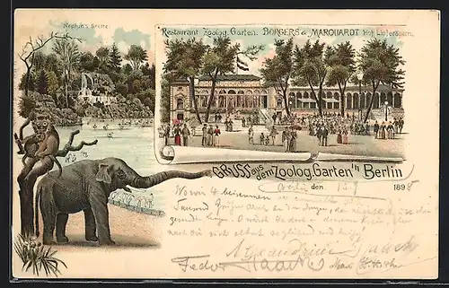 Lithographie Berlin, Besucher, Affen, Flamingos und ein Elefant im Zoologischen Garten