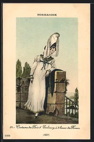 AK Rouen, Costume du Bois d`Embourg, junge Frau in weisser Tracht der Normandie