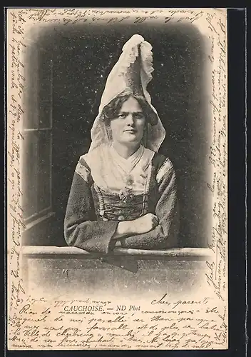 AK Cauchoise, Junge Frau in gebundener Tracht der Normandie
