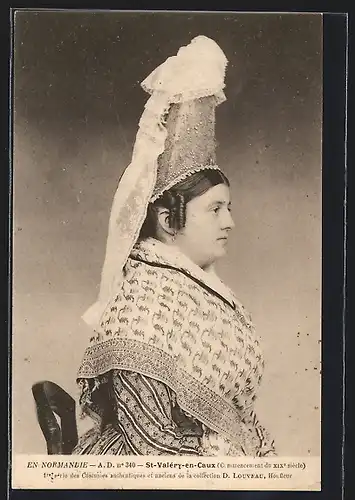 AK St-Valéry-en-Caux, Frau in normannischer Tracht mit Hut im Profil