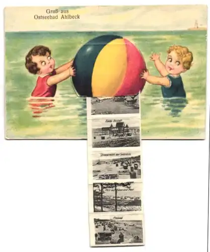 Leporello-AK Ahlbeck, zwei Kinder im Wasser, Ansichten hinter einem Ball, Kurhaus, Strand