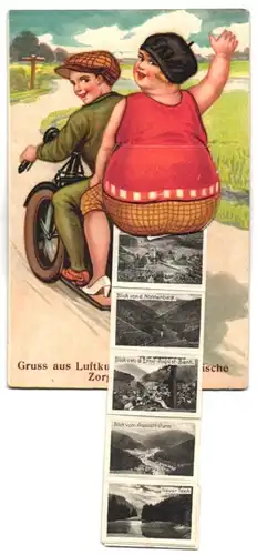 Leporello-AK Zorge (Harz), Motorradfahrer, Ansichten hinter der Beifahrerin, Neuer Teich, Ortsansicht