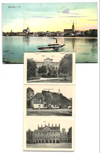 Leporello-AK Rostock i. M., Dampfer vor Stadtpanorama, Markt mit Marienkirche, Rathaus