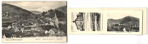 Leporello-AK Neckarsteinach, Ortsansicht aus der Vogelschau, Katholische Kirche, Neues Schulhaus