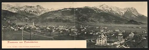 Klapp-AK Partenkirchen, Gesamtansicht mit Gebirgspanorama