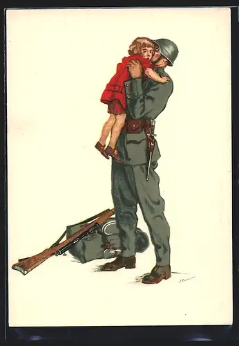 Künstler-AK Schweizerische Jugendspende 1940, Anerkennungskarte, Soldat mit Kind