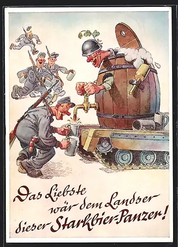 AK Soldaten der Bundeswehr beim Bierzapfen - Das Liebste wär dem Landser dieser Starkbier-Panzer !