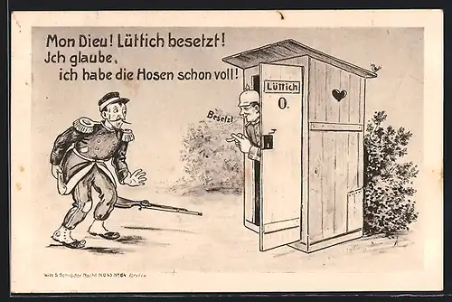 Künstler-AK Lüttich, Deutscher Soldat besetzt das Kloshäuschen