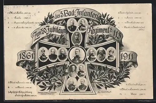 AK Oberst Heller, 1861-67, Sachs, 1868-74, Zum 50. Jubiläum des 5. Bad. Infanterie-Regiments 113 1911