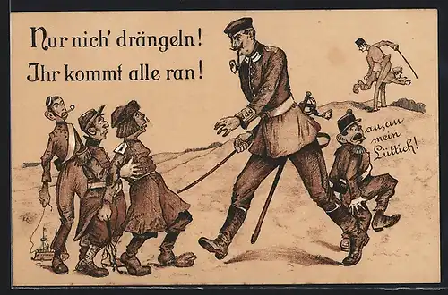 Künstler-AK Deutscher Soldat verdrischt seine Feinde