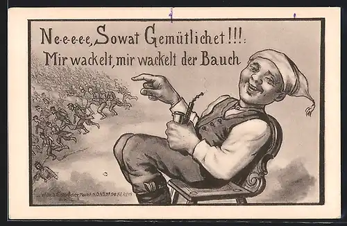 AK Deutscher Michel mit Tabakspfeife zeigt auf Soldaten