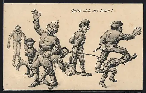 AK Deutscher Soldat schlägt seine Gegner in die Flucht, Propaganda 1. Weltkrieg
