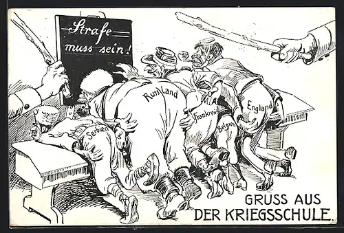 Künstler-AK Gruss aus der Kriegsschule, Strafe muss sein, Feinden wird der Hintern versohlt