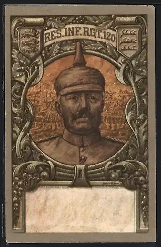 AK Res. Inf. Rgt. 120, Wilhelm II. mit Pickelhelm, Wappen
