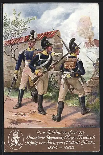 AK Inf.-Rgt. Kaiser Friedrich Nr. 125, Jahrhundertfeier 1909, Festpostkarte, Soldaten beim Häuserkampf