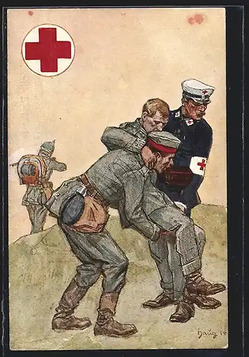 Künstler-AK Rotes Kreuz, Sanitäter tragen Verletzten