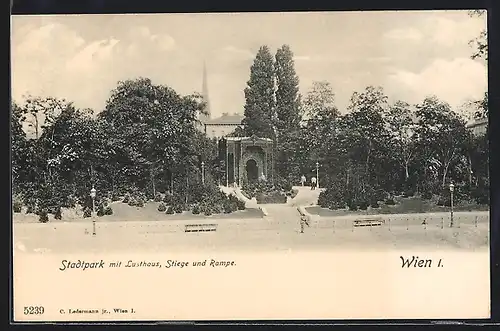 AK Wien, Stadtpark mit Lusthaus, Stiege und Rampe