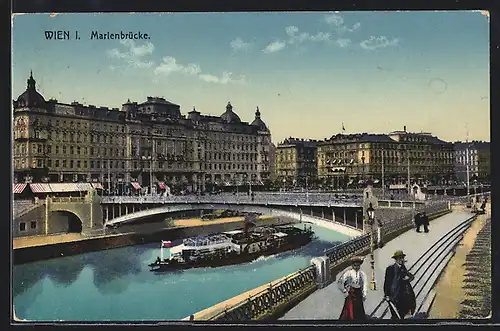 AK Wien, Marienbrücke mit Dampfer